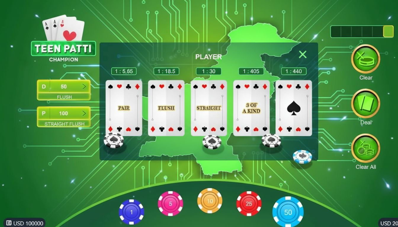 A visual of a shady “predictor” app with cards, AI signals, and Pakistan background.
